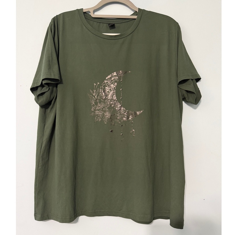 Shein Curve 1X Olive Green Moon Mandala Floral Tee Boho Short Sleeve 2246